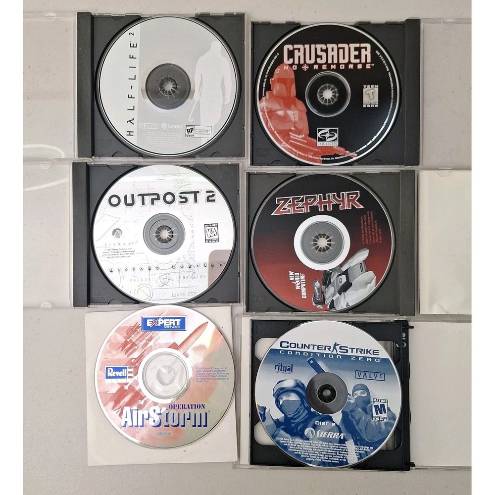 Vintage PC Game Lot of 6, Half-Life 2, Crusader, Outpost 2, Etc., All Excellent